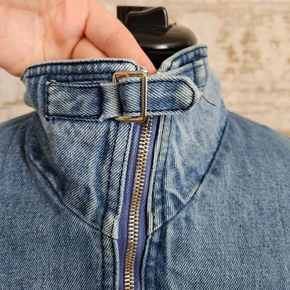 Vintage 1980s Denim Blue Bomber Jacket Distressed Yoke vtg 80s Puff Sleeve M L - Picture 3 of 14